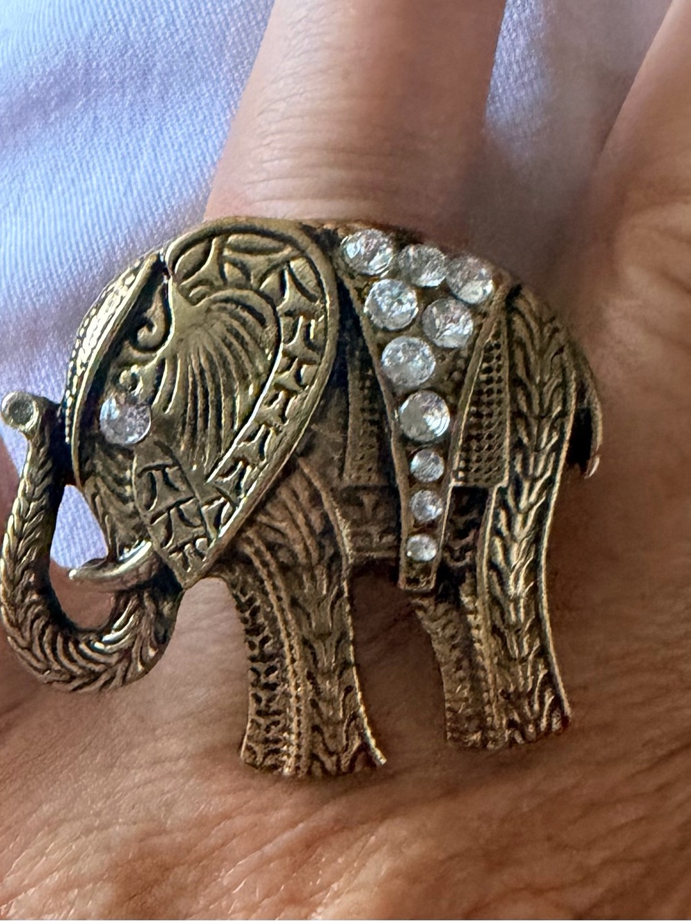 Gold-Tone Elephant Statement Ring with Clear Crystals - Women Jewelry
